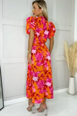 Pink And Orange Floral Printed Short Puff Sleeve Gathered Side Midi Dress