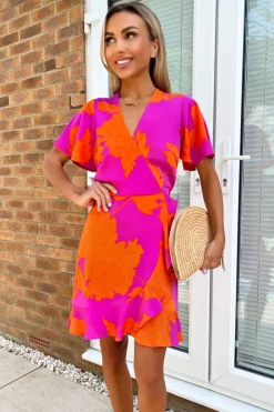 Pink And Orange Floral Printed Short Sleeve Frill Hem Mini Dress