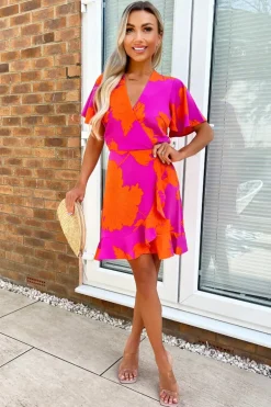 Pink And Orange Floral Printed Short Sleeve Frill Hem Mini Dress