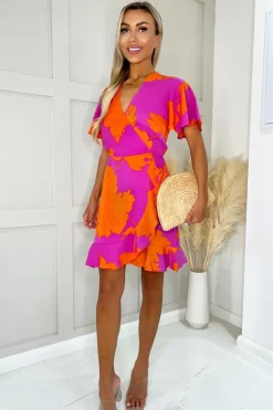 Pink And Orange Floral Printed Short Sleeve Frill Hem Mini Dress