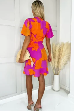 Pink And Orange Floral Printed Short Sleeve Frill Hem Mini Dress