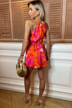Pink And Orange Floral Printed High Neck Tie Front Playsuit