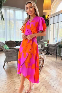 Pink And Orange Floral Print Belted Wrap Midi Dress