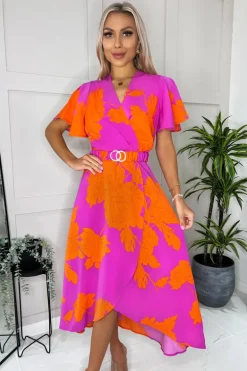 Pink And Orange Floral Print Belted Wrap Midi Dress