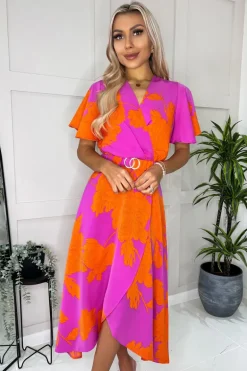 Pink And Orange Floral Print Belted Wrap Midi Dress