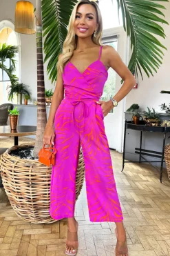 Pink and Orange Printed Wrap Top Tie Waist Full Length Jumpsuit