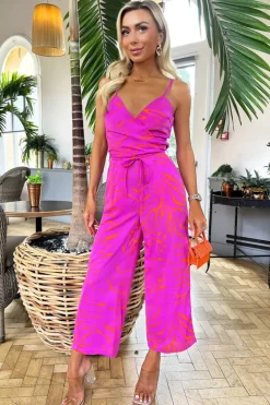 Pink and Orange Printed Wrap Top Tie Waist Full Length Jumpsuit