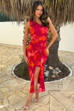 Pink And Orange Smudge Print One Shoulder Knot Skirt Midi Dress