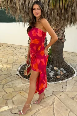 Pink And Orange Smudge Print One Shoulder Knot Skirt Midi Dress