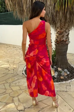 Pink And Orange Smudge Print One Shoulder Knot Skirt Midi Dress