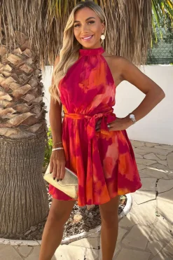 Pink And Orange Smudge Print Halterneck Tie Waist Mini Dress