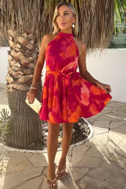 Pink And Orange Smudge Print Halterneck Tie Waist Mini Dress