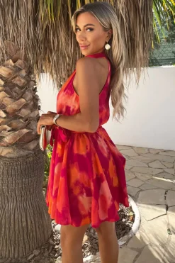 Pink And Orange Smudge Print Halterneck Tie Waist Mini Dress