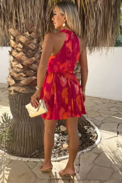 Pink And Orange Smudge Print Halterneck Tie Waist Mini Dress