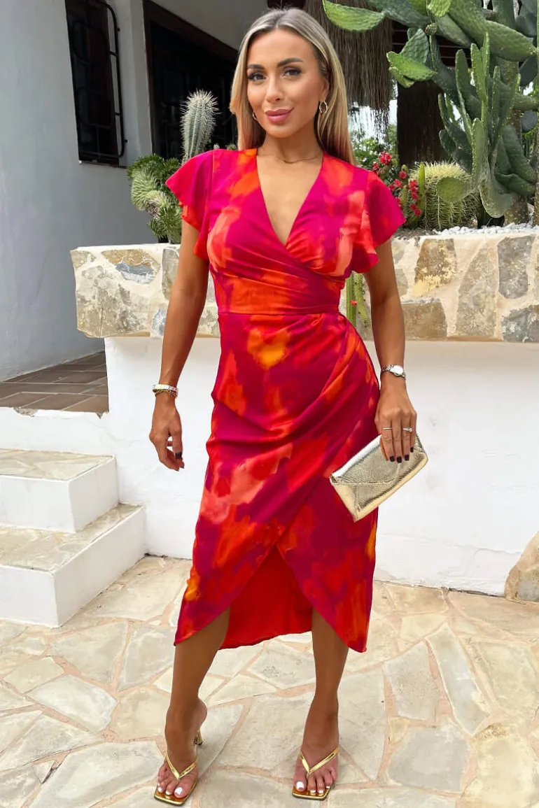 Pink And Orange Smudge Print Flutter Sleeve Wrap Midi Dress