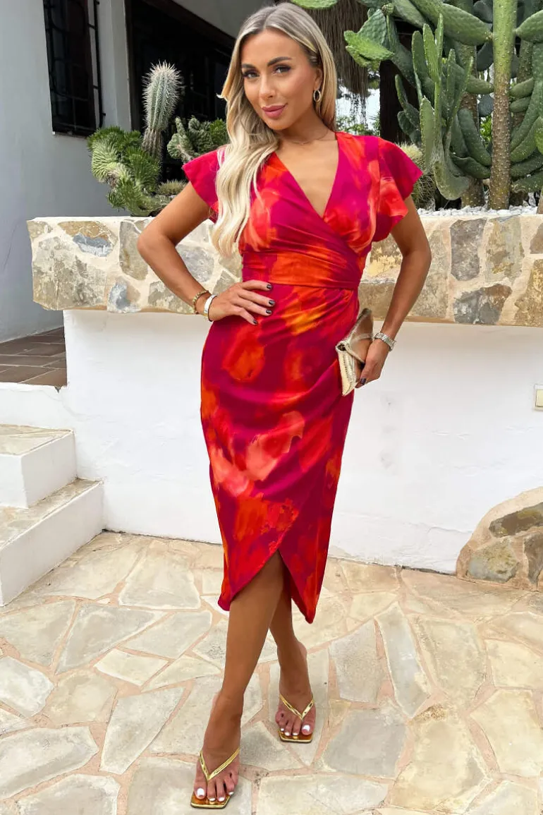 Pink And Orange Smudge Print Flutter Sleeve Wrap Midi Dress