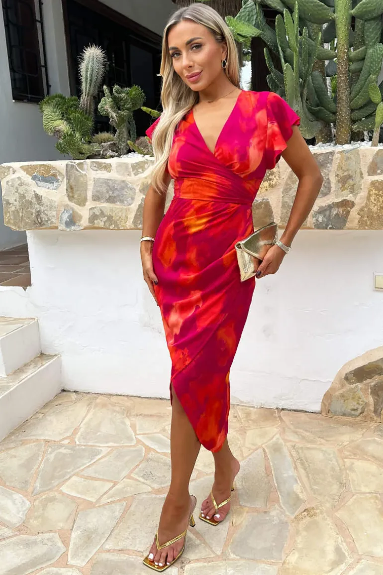 Pink And Orange Smudge Print Flutter Sleeve Wrap Midi Dress