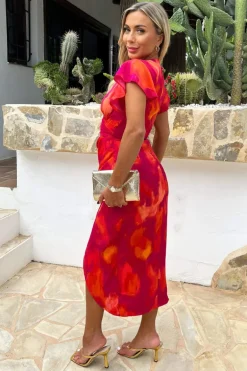 Pink And Orange Smudge Print Flutter Sleeve Wrap Midi Dress