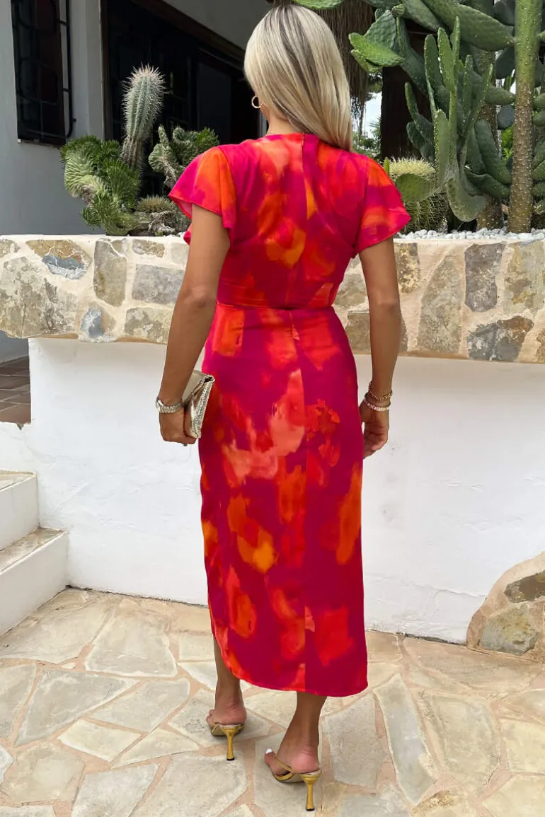 Pink And Orange Smudge Print Flutter Sleeve Wrap Midi Dress