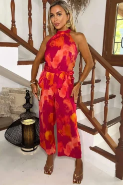 Pink And Orange Smudge Print Halter Neck Tie Waist Jumpsuit