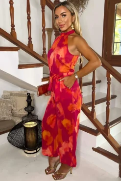 Pink And Orange Smudge Print Halter Neck Tie Waist Jumpsuit