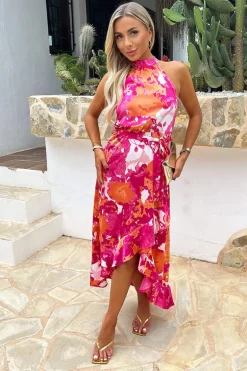 Pink And Peach Abstract Printed Halterneck Tie Waist Dipped Hem Midi Dress