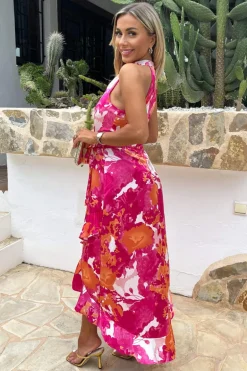 Pink And Peach Abstract Printed Halterneck Tie Waist Dipped Hem Midi Dress