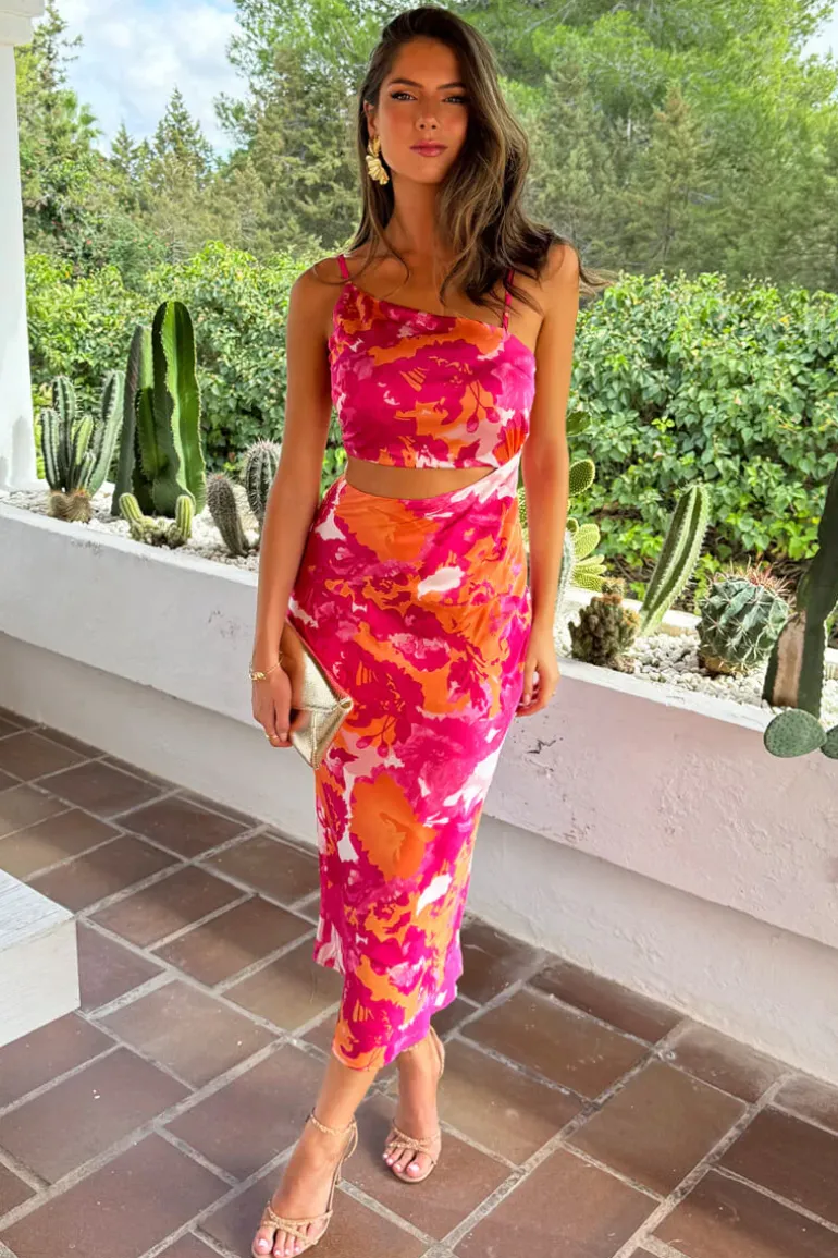 Pink And Peach Abstract Printed Asymmetric Cut Out Midi Dress