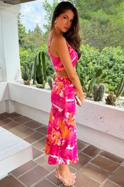 Pink And Peach Abstract Printed Asymmetric Cut Out Midi Dress