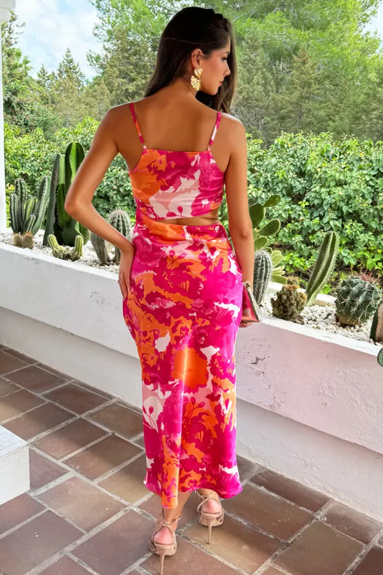 Pink And Peach Abstract Printed Asymmetric Cut Out Midi Dress