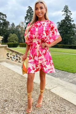 Pink and Red Floral Printed Mini Dress