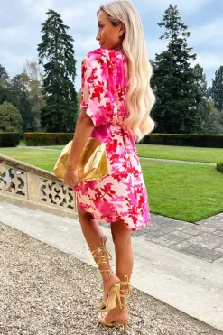 Pink and Red Floral Printed Mini Dress