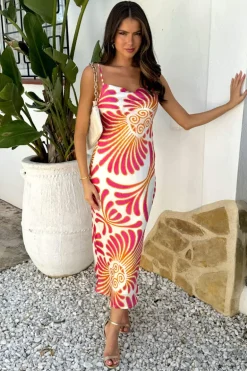 Pink And White Abstract Print Strappy Cowl Neck Slip Midi Dress