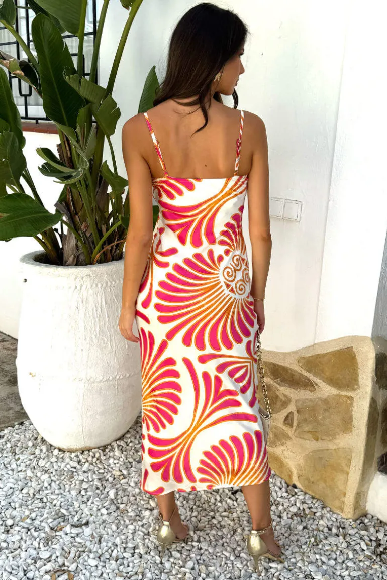 Pink And White Abstract Print Strappy Cowl Neck Slip Midi Dress