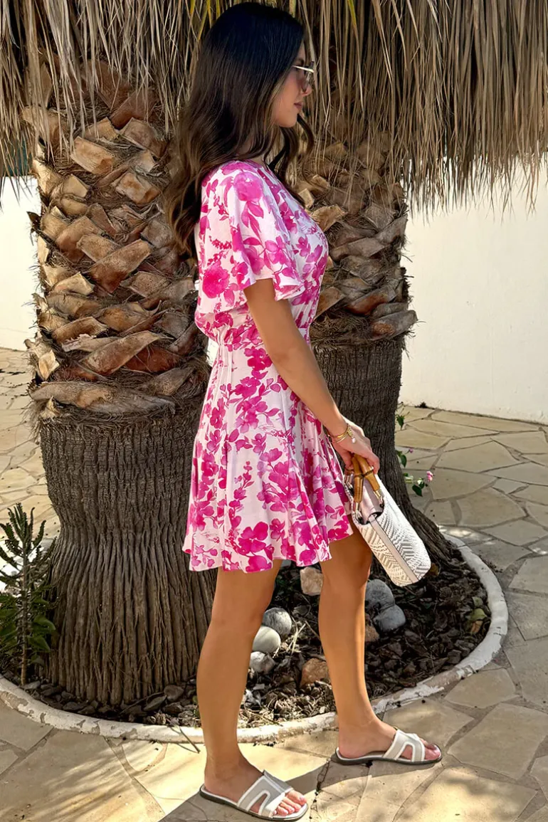 Pink And White Floral Print Butterfly Sleeve Skater Mini Dress