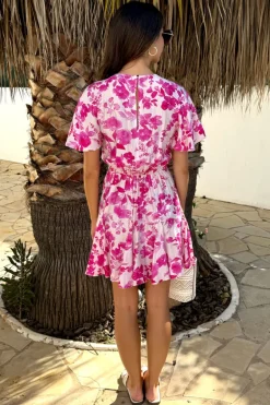 Pink And White Floral Print Butterfly Sleeve Skater Mini Dress