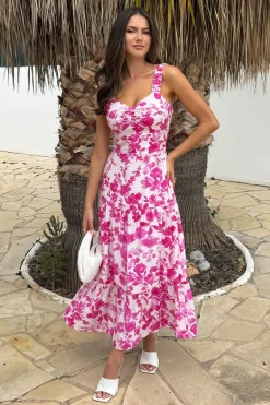 Pink And White Floral Print Shirred Straps Tiered Midi Dress