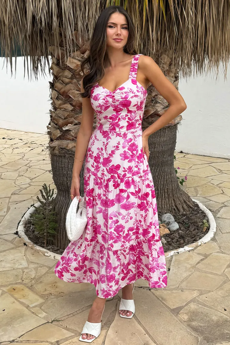 Pink And White Floral Print Shirred Straps Tiered Midi Dress
