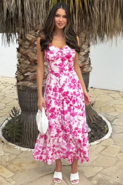 Pink And White Floral Print Shirred Straps Tiered Midi Dress