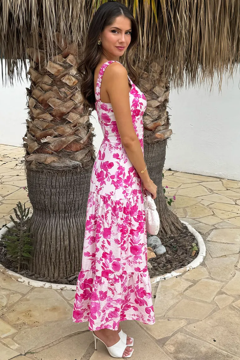 Pink And White Floral Print Shirred Straps Tiered Midi Dress