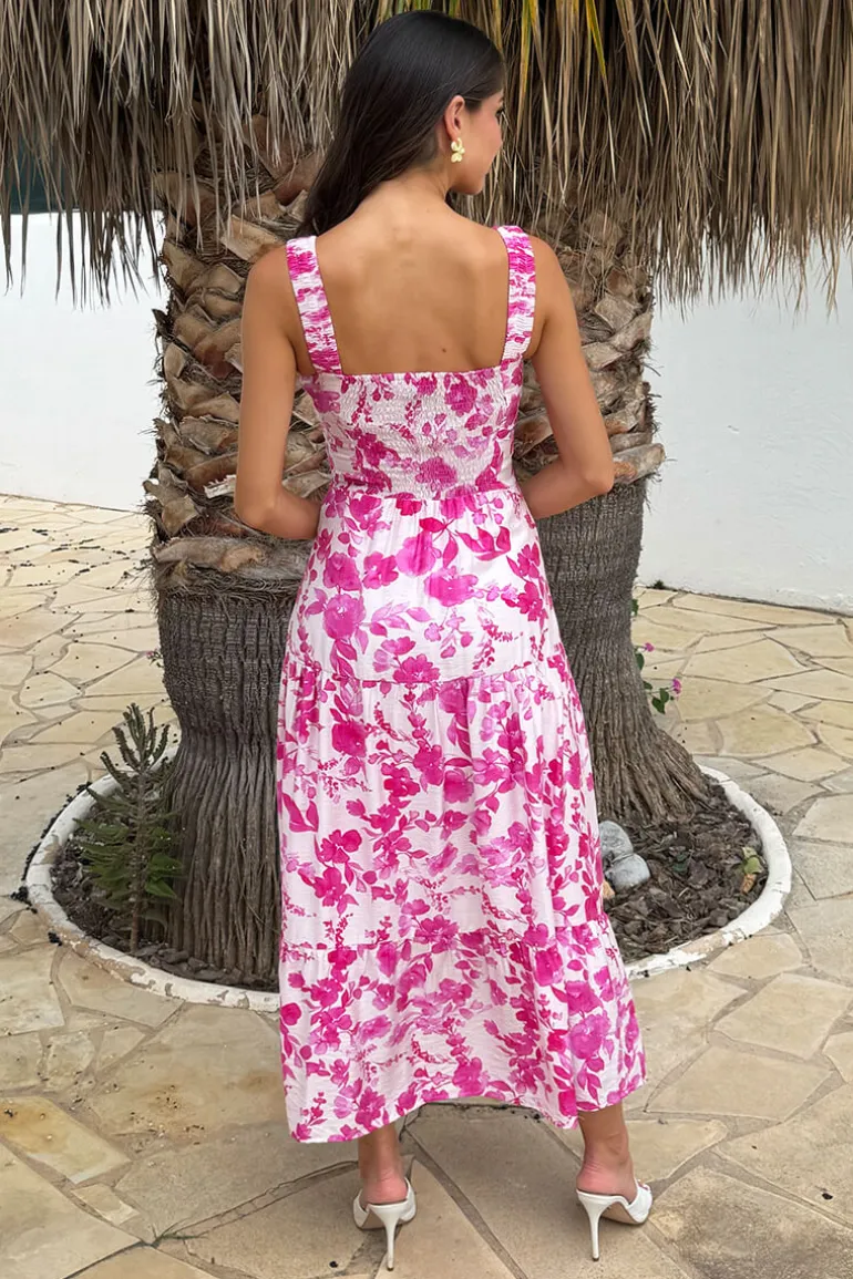 Pink And White Floral Print Shirred Straps Tiered Midi Dress
