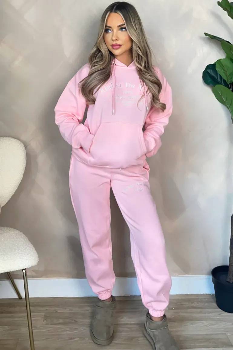 Pink Atelier Embroidered Slogan Hoodie Lounge Set