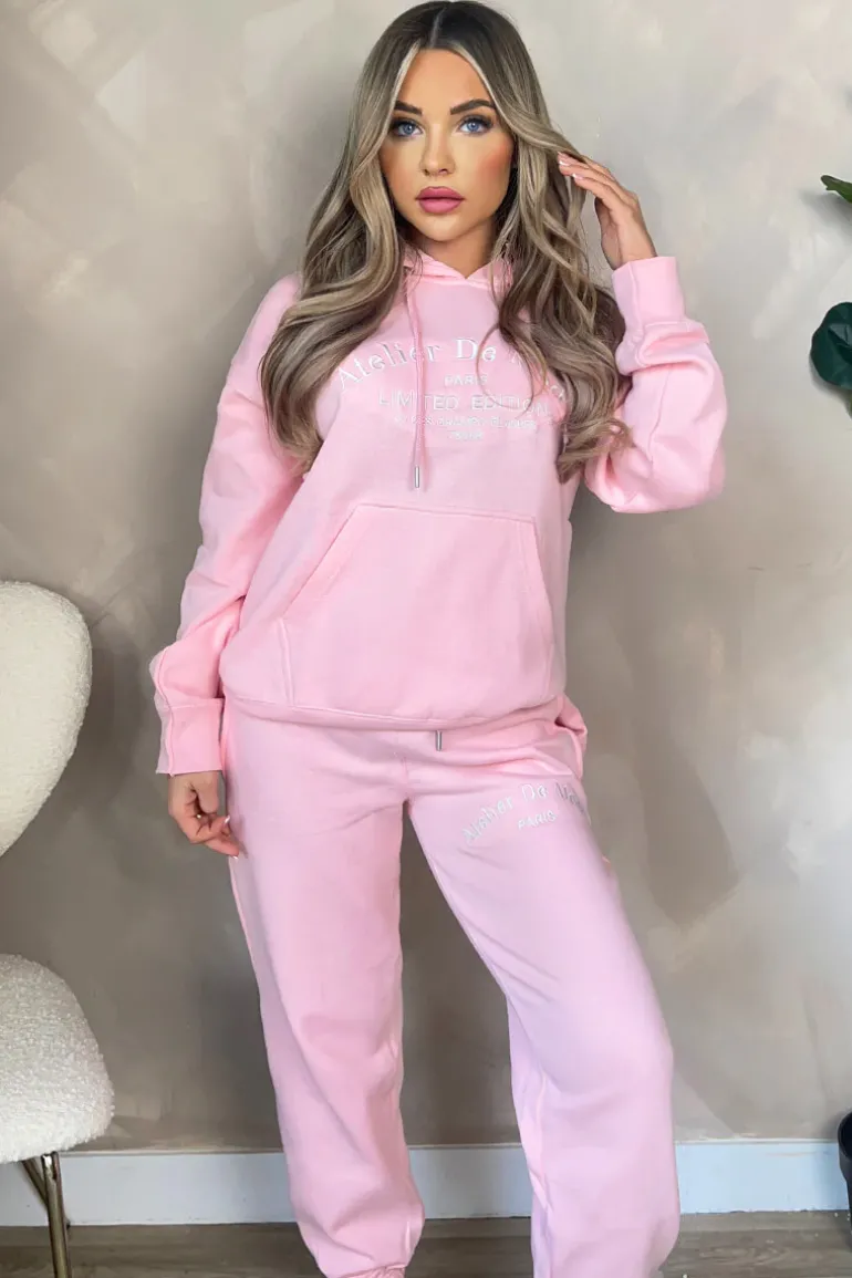 Pink Atelier Embroidered Slogan Hoodie Lounge Set