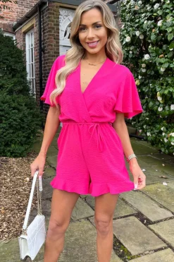 Pink Butterfly Sleeve Wrap Top Tie Waist Playsuit
