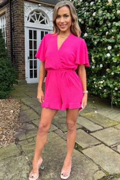 Pink Butterfly Sleeve Wrap Top Tie Waist Playsuit