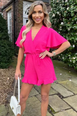 Pink Butterfly Sleeve Wrap Top Tie Waist Playsuit