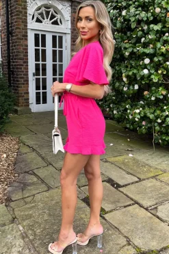 Pink Butterfly Sleeve Wrap Top Tie Waist Playsuit