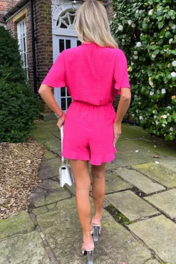 Pink Butterfly Sleeve Wrap Top Tie Waist Playsuit