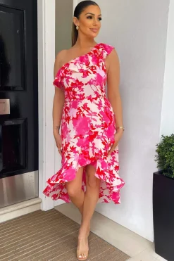 Pink Floral One Shoulder Frill Detail Dipped Hem Dress