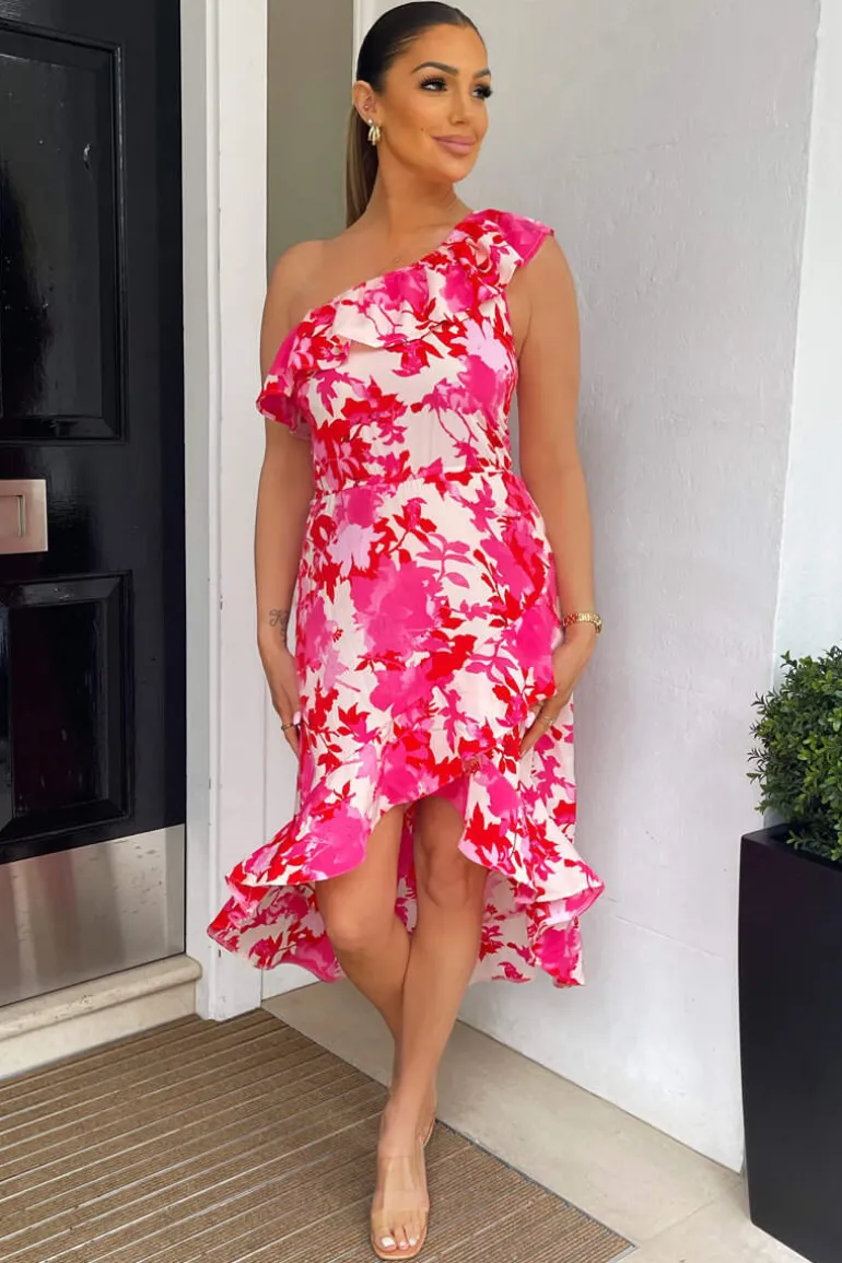Pink Floral One Shoulder Frill Detail Dipped Hem Dress